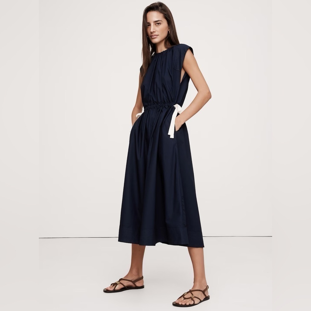 NWT! Banana Republic Navy Blue Cotton Poplin Tie-Waist Midi Dress 🧞♀️🔒